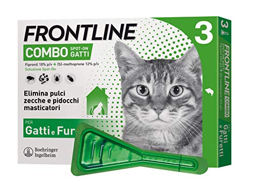 Frontline Combo, 3 Pipette, Antiparassitario per Gatti, Gattini e Furetti di Lunga Durata, Protegge da Pulci, Zecche, Uova, Larve e Anche la Casa, Antipulci In Confezione da 3 Pipette da 0.5 ml