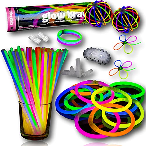 The Glowhouse - Braccialetti Luminosi Starlight di qualità Premium 100 Luminose Fluorescenti Colori Misti - Set da 206 Pezzi con connettori, per Halloween, Feste e Carnevale per Bambini e Adulti The Glowhouse - Braccialetti Luminosi Starlight di qualità Premium 100 Luminose Fluorescenti Colori Misti - Set da 206 Pezzi con connettori, per Halloween, Feste e Carnevale per Bambini e Adulti
