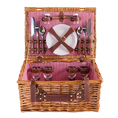 eGenuss Cestino da Picnic in Vimini per 4 Persone Accessori Inclusi â€“ Fantasia a Quadretti Rossi e Bianchi, 43 x 30 x 20 cm