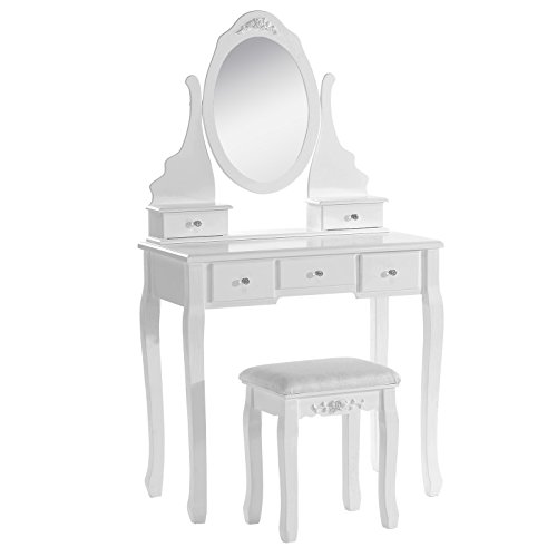 WOLTU MB6022cm Toeletta Trucco Tavolo Cosmetici da Trucchi con 5 Cassetti in Legno Specchiera Ellittico Bianco WOLTU MB6022cm Toeletta Trucco Tavolo Cosmetici da Trucchi con 5 Cassetti in Legno Specchiera Ellittico Bianco
