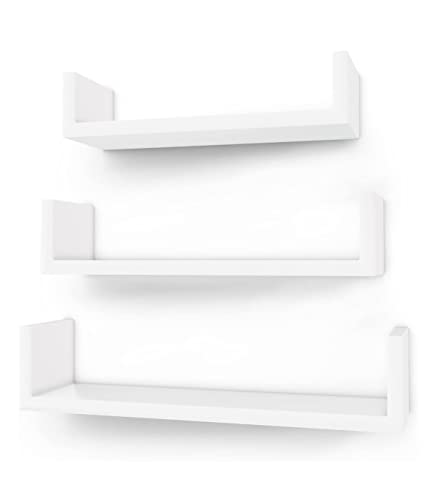 Mensola da parete SONGMICS, set di 3, mensola galleggiante, 30/35/40 cm, ripiano per montaggio a parete, carico fino a 15 kg ciascuno, per soggiorno, studio, bagno, cucina, bianco LWS40WT, legno