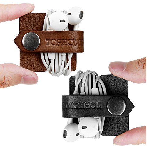 TOPHOME organizer per auricolare in vera pelle Cord Wrap Tasca portaoggetti pratica per organizer per cavo cuffie nero + marrone