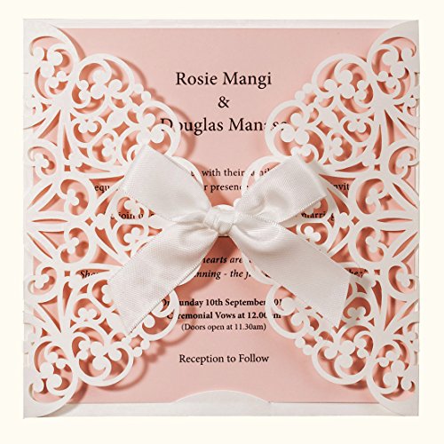 HOSMSUA 20pcs inviti matrimonio Laser taglio wedding Invitations Cards bianco e rosa con fiocco in pizzo manica per bambino nuziale doccia compleanno fidanzamento Quinceanera (confezione da 20 pezzi)
