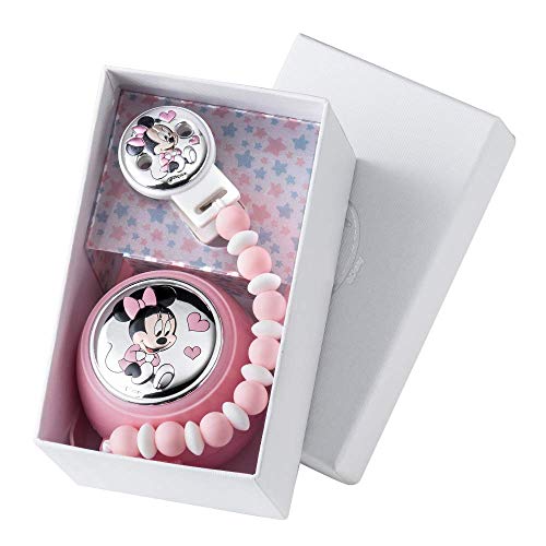 Disney Baby Minnie - Clip Ciuccio, Catenella Portaciuccio con Box in Argento - sfere colorate sicure in silicone alimentare per la dentizione del neonato - regalo nascita battesimo