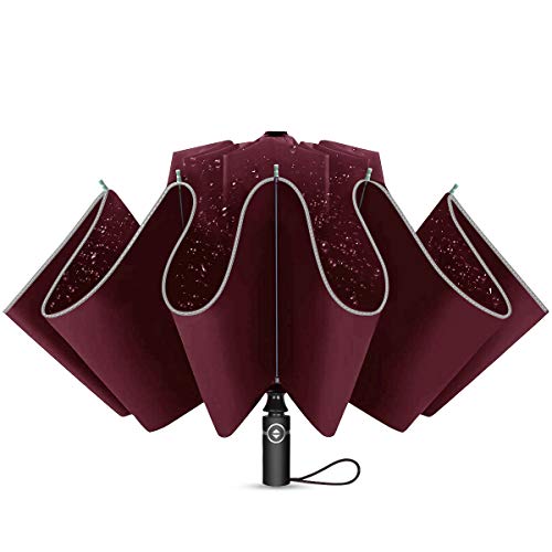 Ombrello Pieghevole Automatico, Antivento Ombrello Portatile Resistenza Compatto Pioggia Ombrello da Viaggio per Uomo e Donna, 10 Costole e Strisce Riflettenti Notturne per la Sicurezza, Rosso