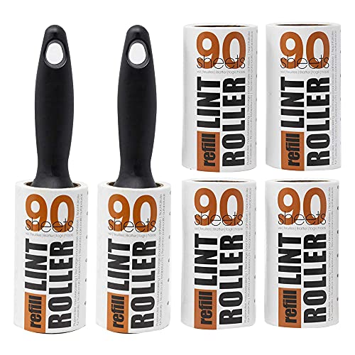 Bulk Pack, Set di 2 manici e 6 rotoli levapelucchi da 90 fogli, rimuove peli di animali domestici, lanugine e polvere da vestiti, tappezzeria e moquette (81 m, 540 fogli totali)