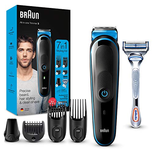 Braun MGK3242 Rifinitore 7-In-1 Nero/Blu, Regolabarba, Tagliacapelli Uomo e Rifinitore Viso con 5 Accessori tra cui Rasoio da Collo Gillette SkinGuard, Confezione con 85% di Plastica in Meno