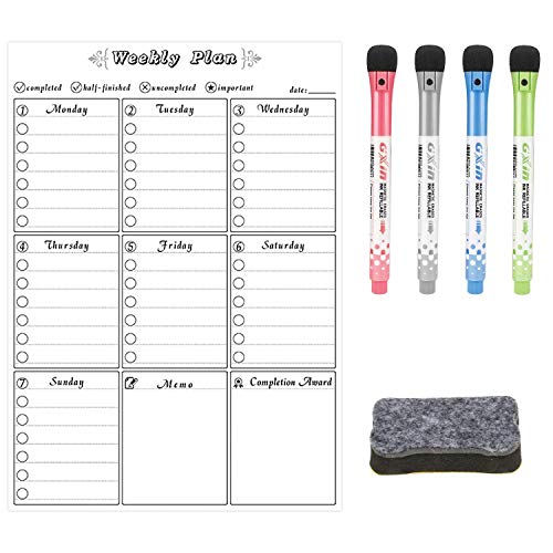 Lavagna Magnetica A3 per Frigorifero con Nuova Tecnologia Antimacchia, Lavagnetta Magnete Frigo per Piano Famiglia Lista della Spesa Promemoria Comprende 4 Pennarelli & Gomma da Cancellare