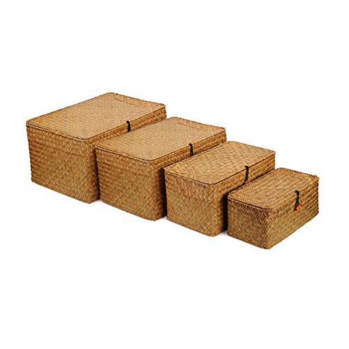 Cestini Portaoggetti in Vimini con Coperchio, Cestino Rattan Rettangolare, Cestini Intrecciato per Scaffale, Set di 4 Cestini Portaoggetti in Vimini con Coperchio, Cestino Rattan Rettangolare, Cestini Intrecciato per Scaffale, Set di 4