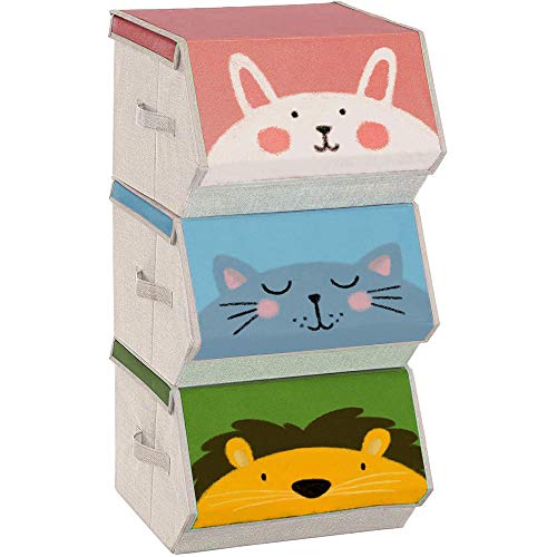 SONGMICS Organizzatori per Bambini, 3 Scatole Portaoggetti Impilabili, Scatole Pieghevoli con Manici, Coperchio Magnetico, Tema di Modello Leone Gatto Coniglio, Rosa, Blu, Verde e Grigio RFB760P01