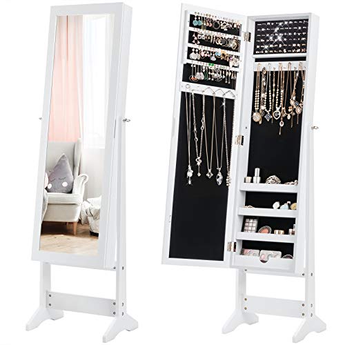 COSTWAY Specchio Portagioie a Figura Intera con 3 Angoli Inclinabile, Armadietto Portagioie da Terra, Organizer per Gioie Camera da Letto, Regali per Lei (Bianco) COSTWAY Specchio Portagioie a Figura Intera con 3 Angoli Inclinabile, Armadietto Portagioie da Terra, Organizer per Gioie Camera da Letto, Regali per Lei (Bianco)