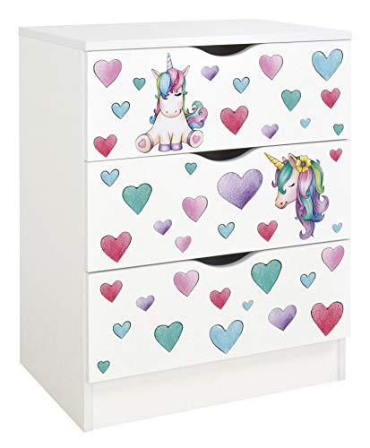 leomark cassettiera in legno 60 x 42 x 78 cm, comò con cassetti Roma, armadietto per camera da letto casa, scuola materna, asilo nido, stile scandinavo, mobiletto con stampa UV Unicorno