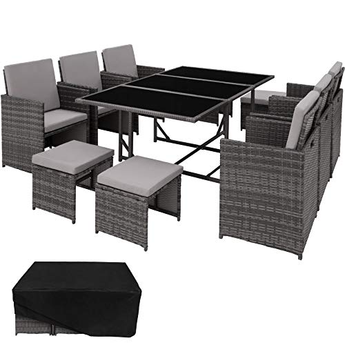 TecTake 800821 Set di Mobili Poli Rattan, Arredamento da Giardino, 6X Sedie 1x Tavolo con 3 Lastre di Vetro 4X Sgabelli, Involucro Protettivo, Nuovo (Grigio)