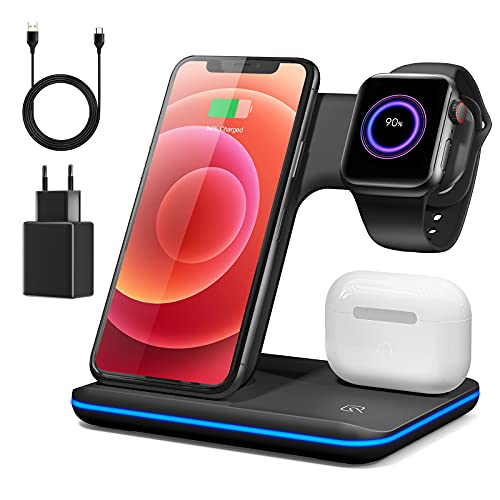 Caricatore Wireless, 3 in 1 Stazione di Ricarica Rapida Wireless Qi 18W con Adattatore 9v 2A Supporti di ricarica per iPhone 12/11 Pro MAX/X/XS MAX /8 / iWatch Series 2/3/4/5 Air pods 1/2 Pro(QC 3.0)
