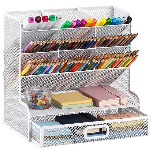 Marbrasse Organizer Scrivania,Porta Penne per Scrivania Multifunzione,Portapenne da Scrivania,Organizer Scrivania Ufficio, Casa,Portaoggetti per Forniture Scolastiche(Blancio con Cassetto)