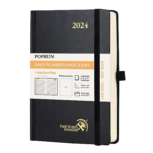 POPRUN Agenda 2024 Giornaliera A5 con Copertina Rigida - 1 Giorno 1 Pagina con Intervallo Orario e Angoli a Strappo, Carta Avorio da 80 gsm Certificata FSCÂ®, Nero