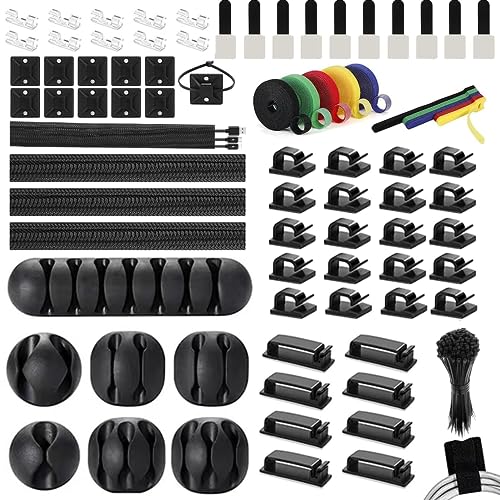 XFLYP 204 Pezzi Kit Organizzatore Cavi, Organizzatore di Cavi con 100 Fascette Stringicavo 4 Manicotti per Cavi, Fermacavi, Raccogli Cavi, Nastri di Fissaggio Riutilizzabili per Scrivania, Ufficio